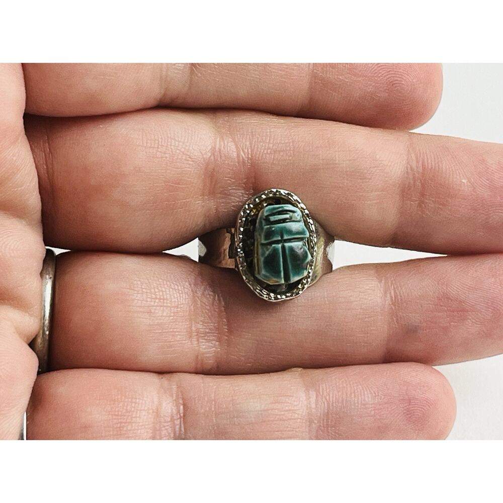 Scarab Silver Ring Egyptian Revival Estate Jewelry Blue Adjustable Bead Ethnic - Picture 9 of 13